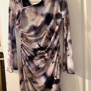 SHEIN Floral Long Sleeve Dress - Black and Cream